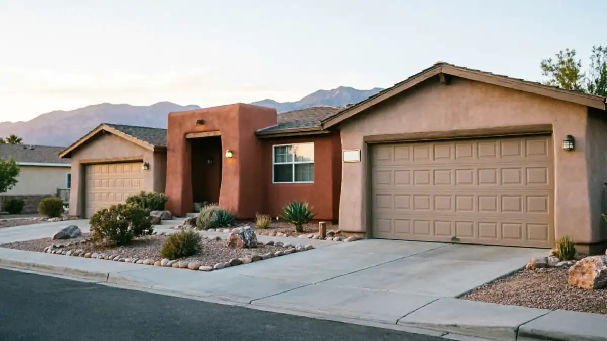 Two houses with tan garage doors and desert landscaping are visible from the street.