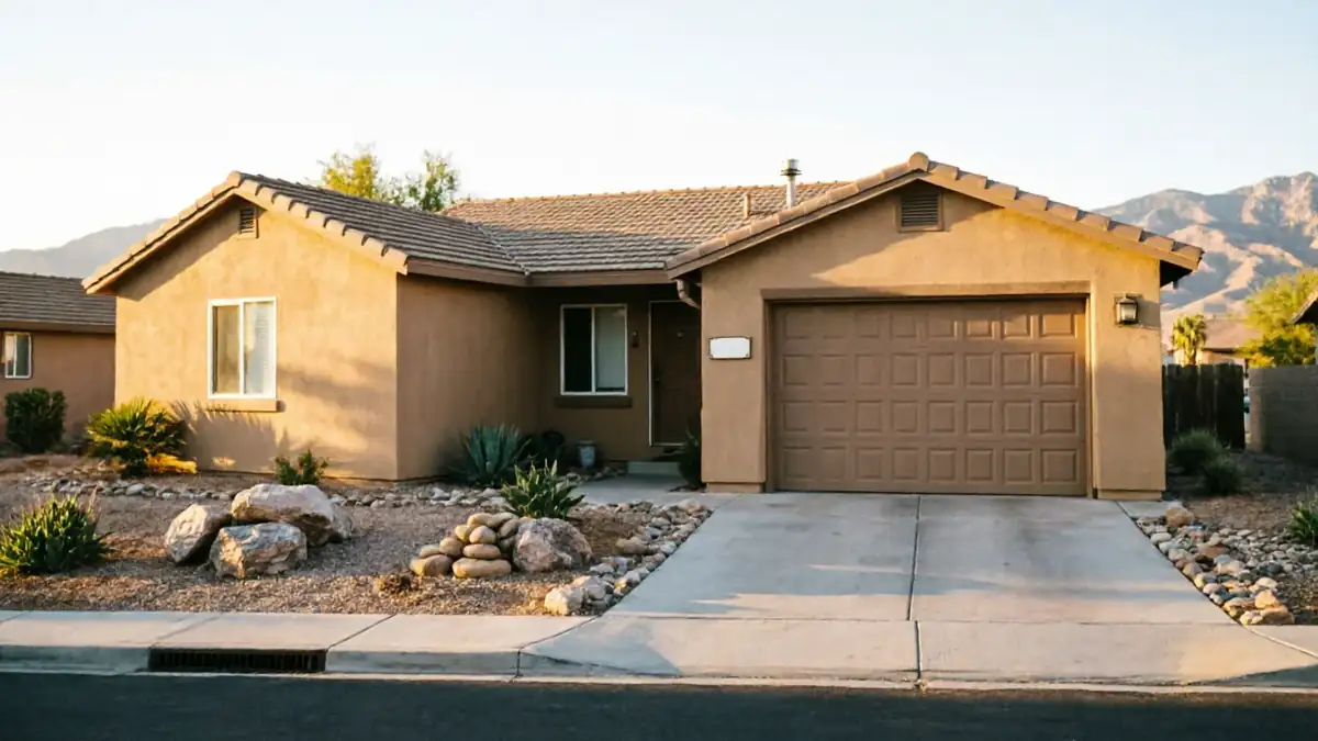 The house has a brown garage door, a driveway, and desert landscaping.