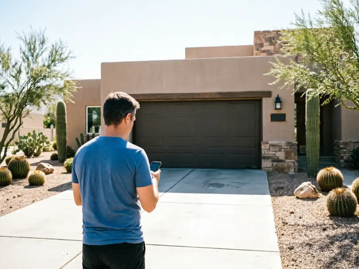 A man stands in a driveway looking at his phone in front of a house.