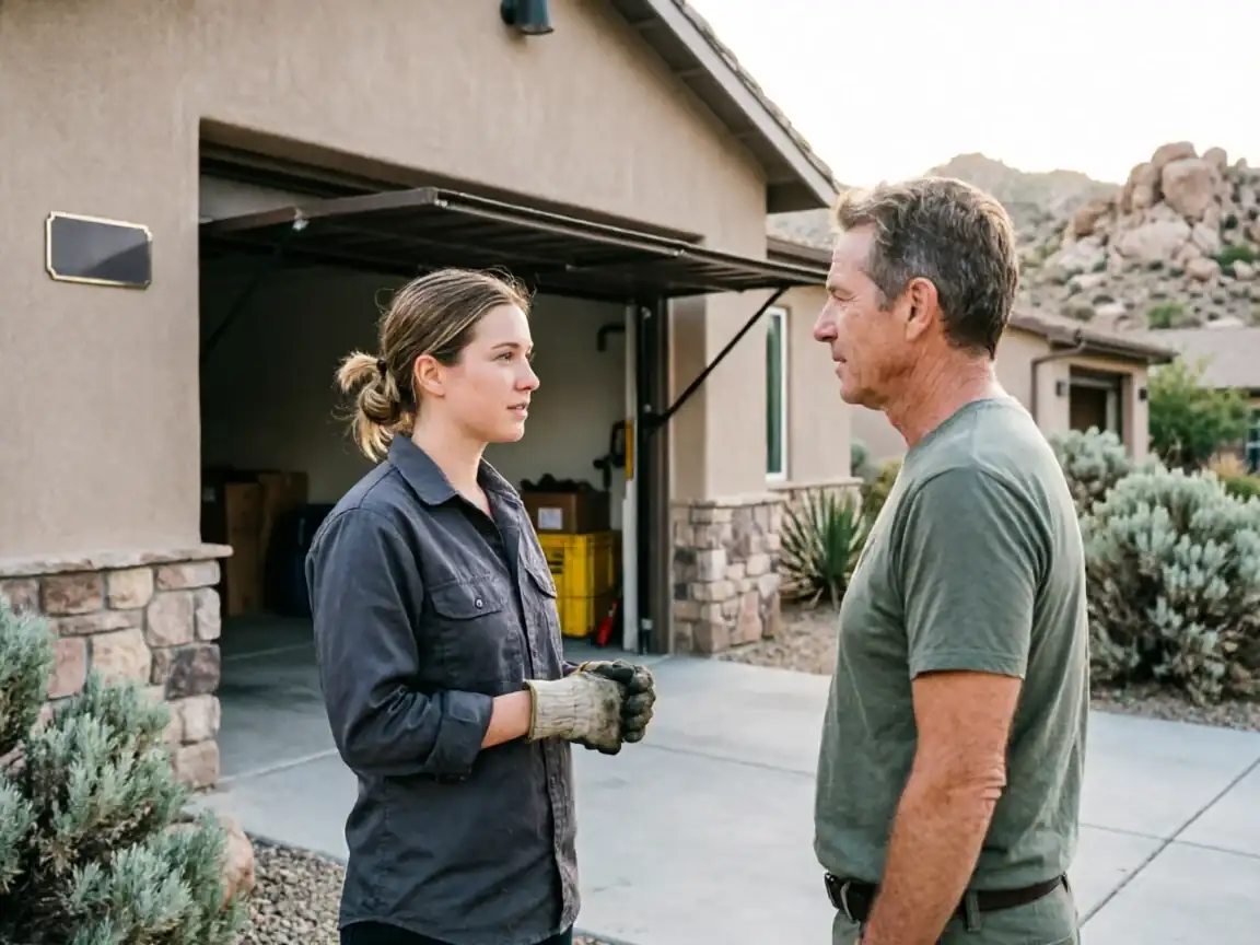 A female technician wearing gloves talks to a man in front of a garage.