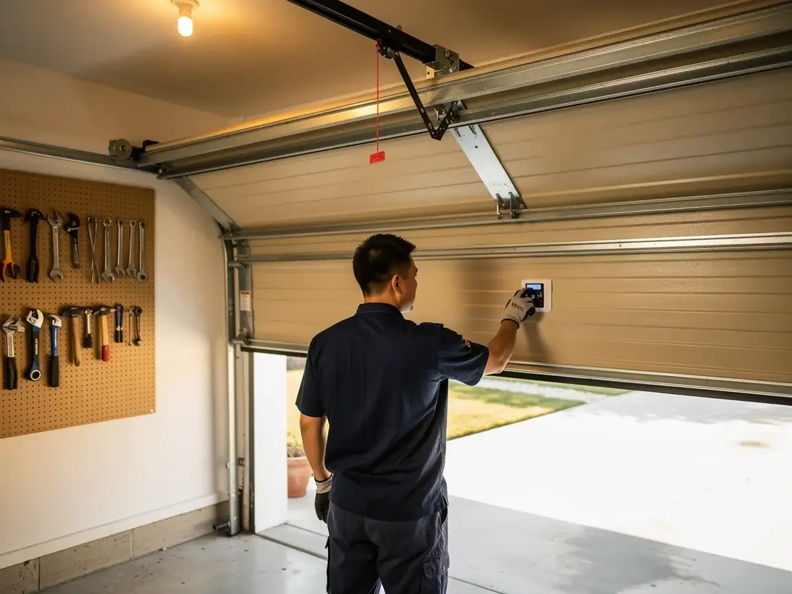 A technician adjusts a wall-mounted control panel on an open garage door.