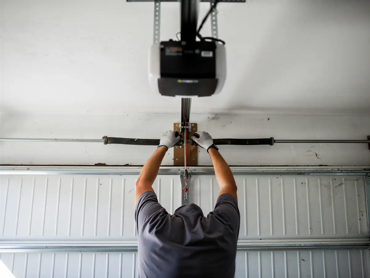 A technician adjusts a torsion spring above a white garage door.