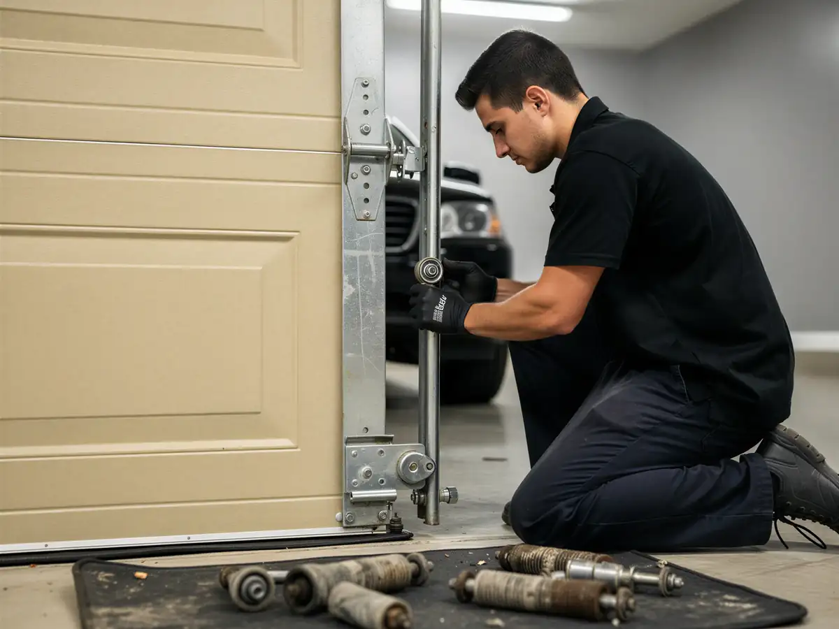 A technician installs a new roller on a beige garage door.