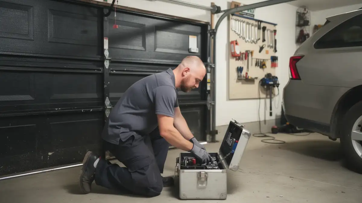 A technician kneels in a garage, opening a toolbox in front of a black garage door.