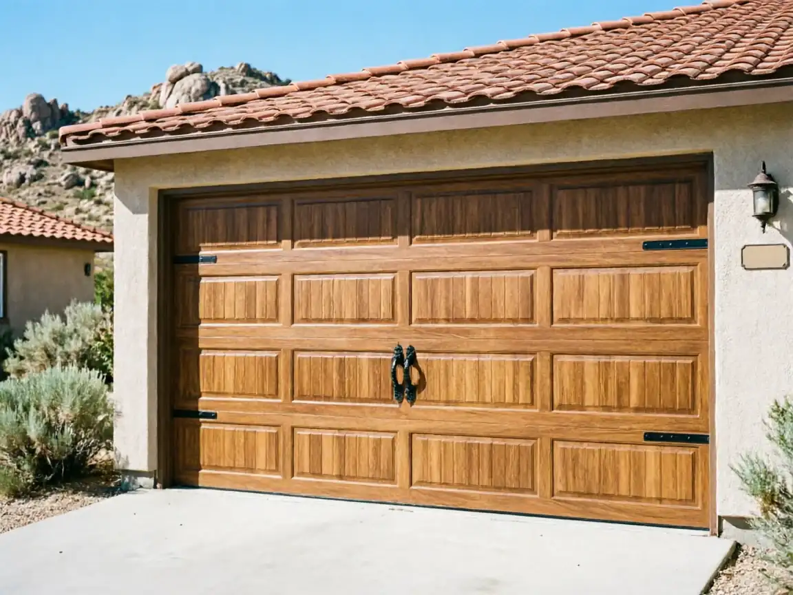 A light brown wooden garage door with decorative black hardware is on a stucco house.